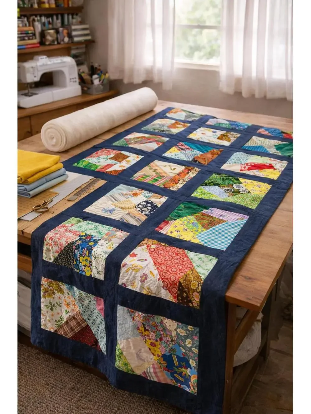 Colorful Handmade Patchwork Quilt Top PROJECT Finish Denim Borders 86x78 inches